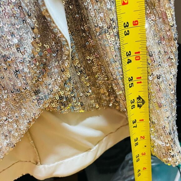 Calvin Klein Long Sleeve Faux Wrap Sequin Knee Length Dress Champagne Beige Gold - Picture 9 of 13